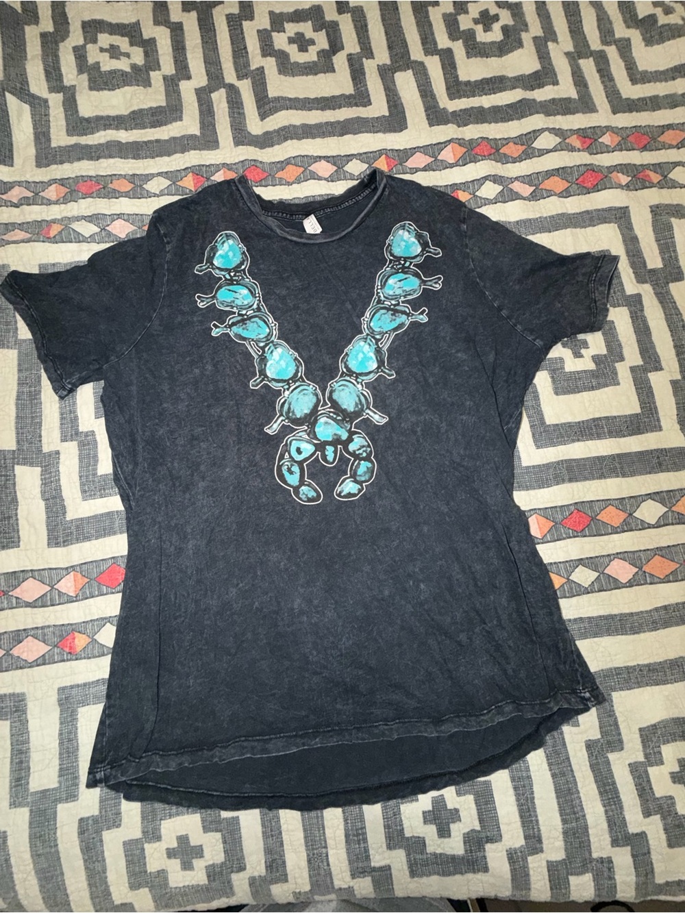 Black Short-Sleeve Tee with Turquoise Necklace Graphic